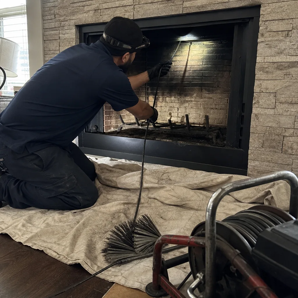 Professional technician performing a thorough residential chimney inspection and cleaning