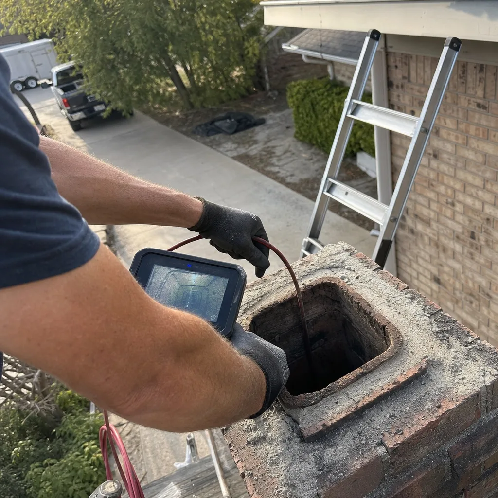 Technician performing a professional chimney flue inspection with a camera