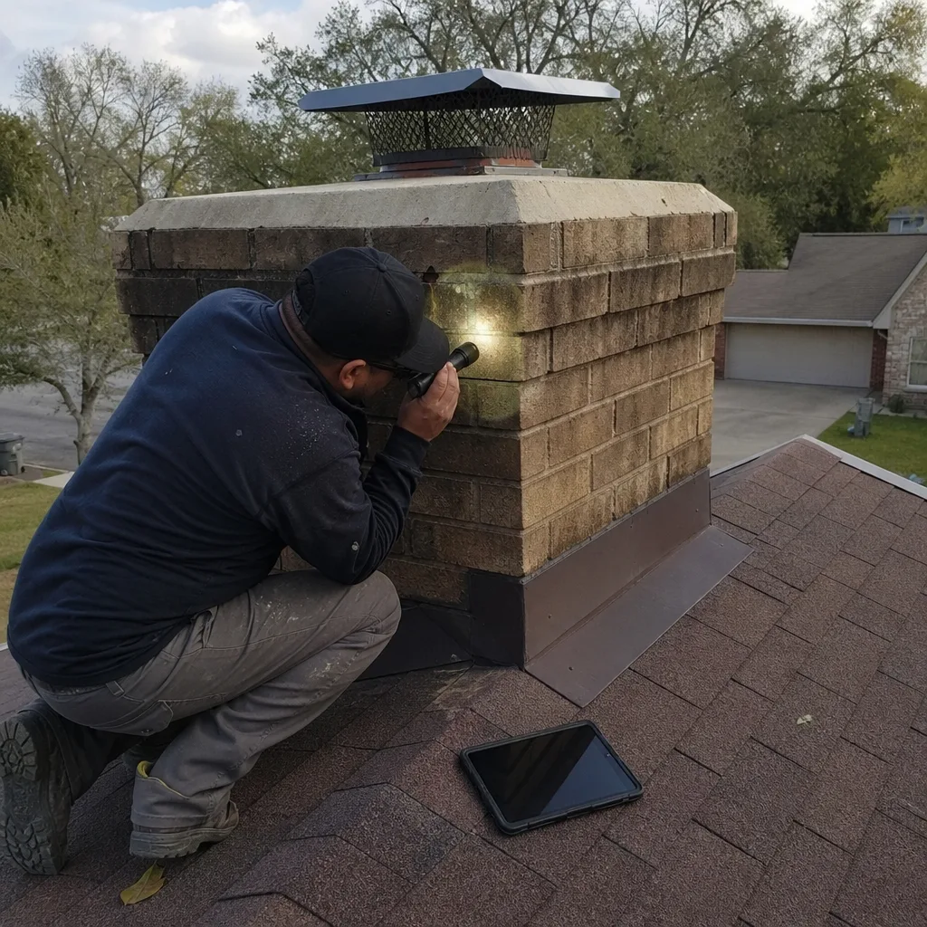 Technician performing professional brick chimney inspection with flashlight and tablet