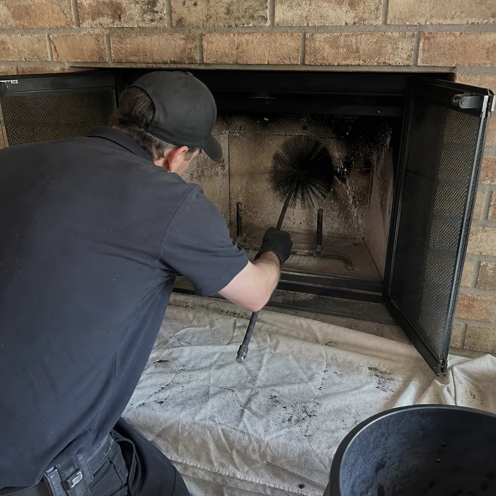 Professional chimney sweep cleaning a residential fireplace firebox with a brush