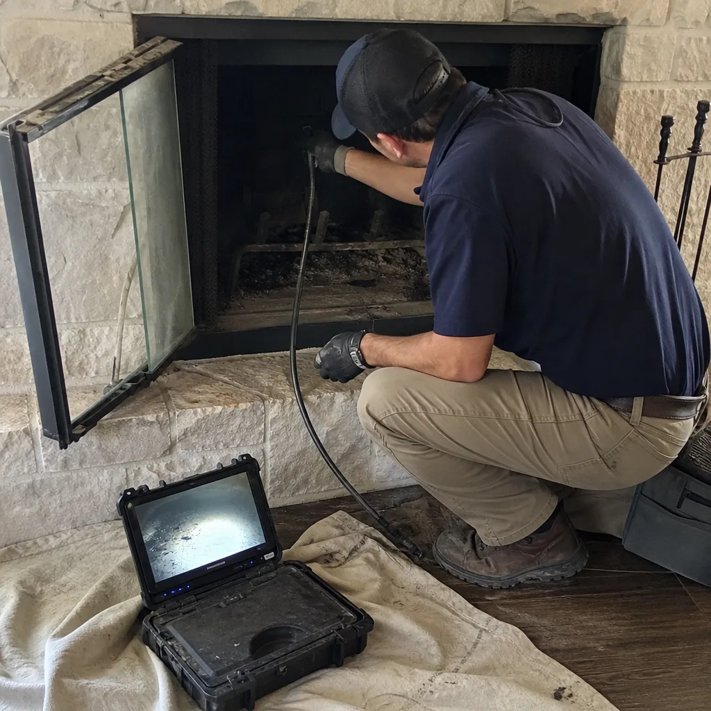 Technician performing professional fireplace inspection and chimney repair service