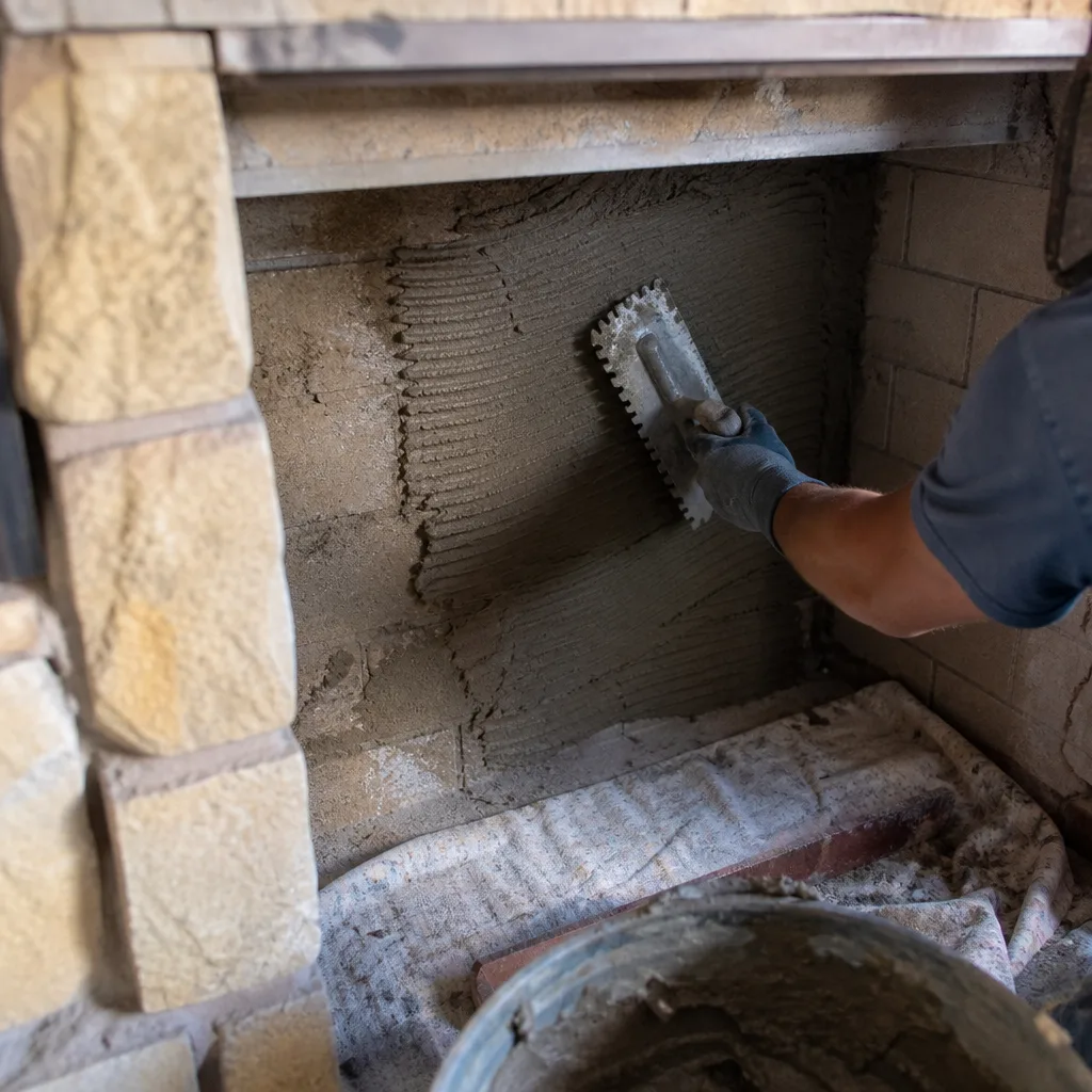 Professional contractor applying mortar to fireplace wall for tile installation
